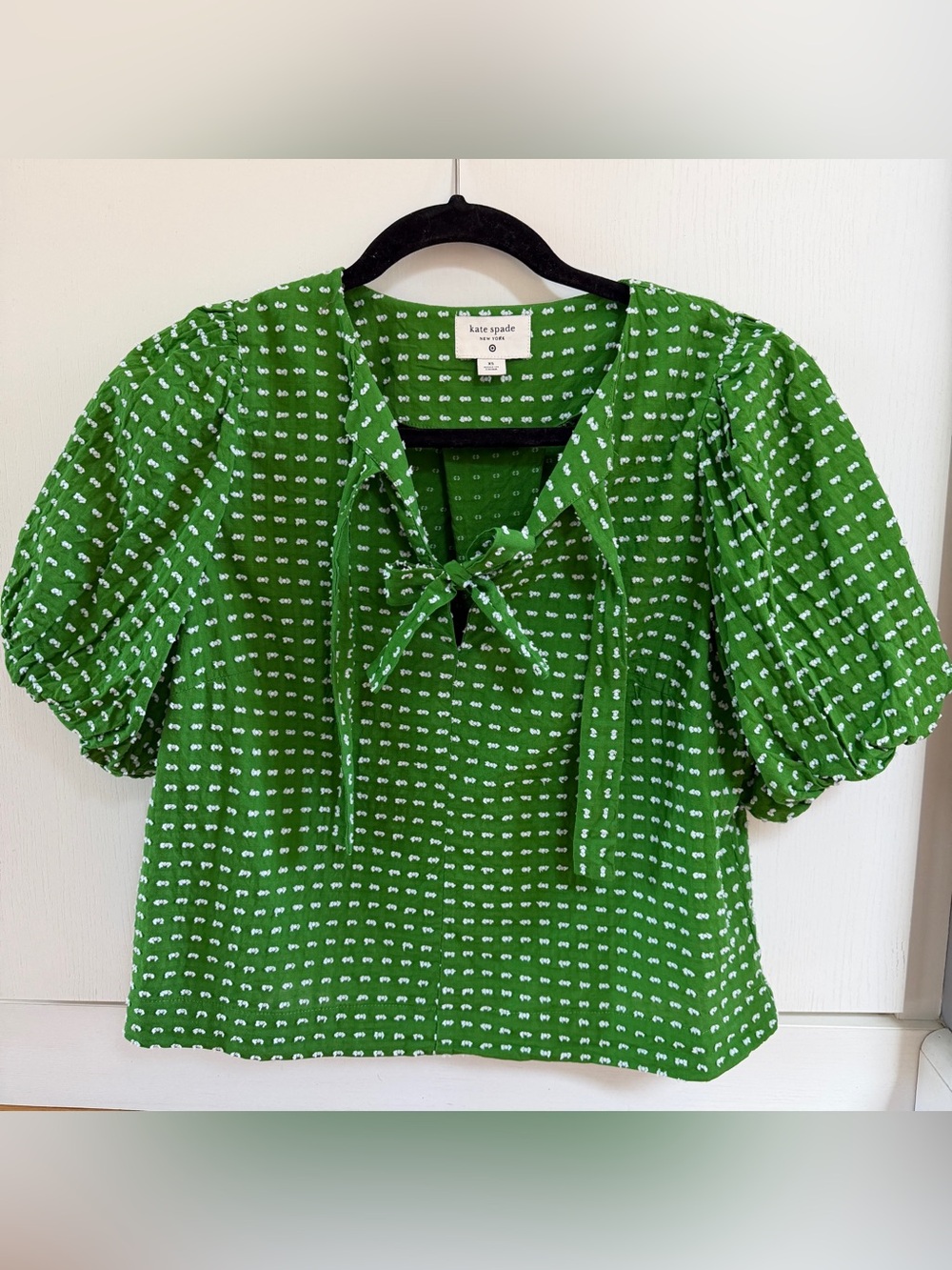 Kate Spade Green Tie-Neck Puff Sleeve Blouse